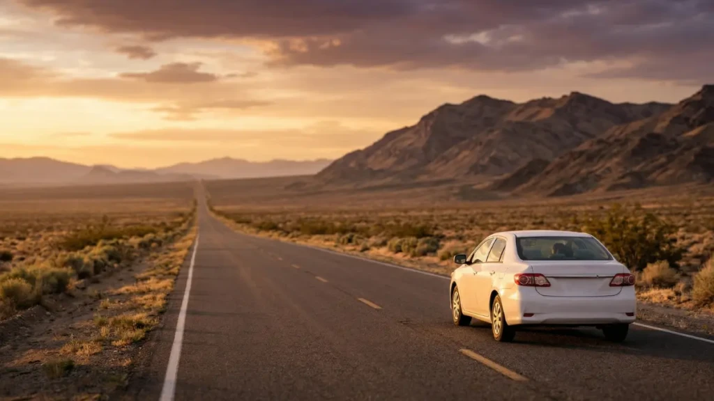 A generic budget sedan drives on a long, empty desert highway toward mountains during golden hour at sunset, representing a cross-country USA road trip on a budget.