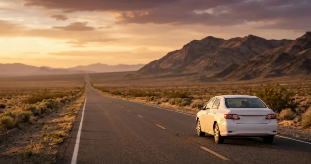A generic budget sedan drives on a long, empty desert highway toward mountains during golden hour at sunset, representing a cross-country USA road trip on a budget.