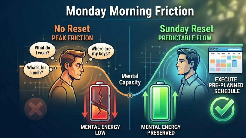 Infographic showing how the Sunday reset routine eliminates decision fatigue and preserves mental energy.