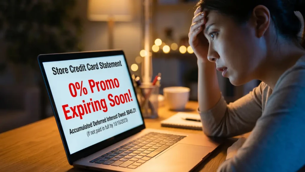 Reviewing a store credit card statement to avoid deferred interest hidden credit card fees.