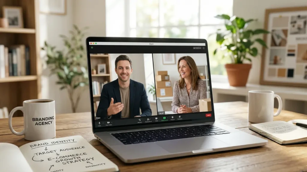 A digital marketing agency owner discussing brand strategy with a new client over a video call.
