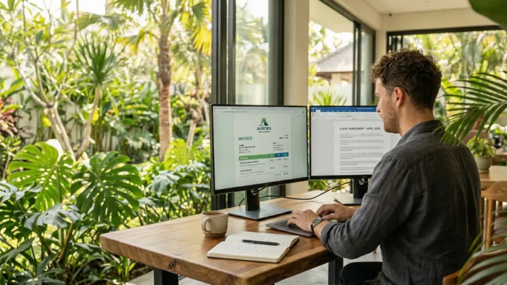 A digital marketing agency owner preparing to send an unbranded invoice for a monthly retainer.