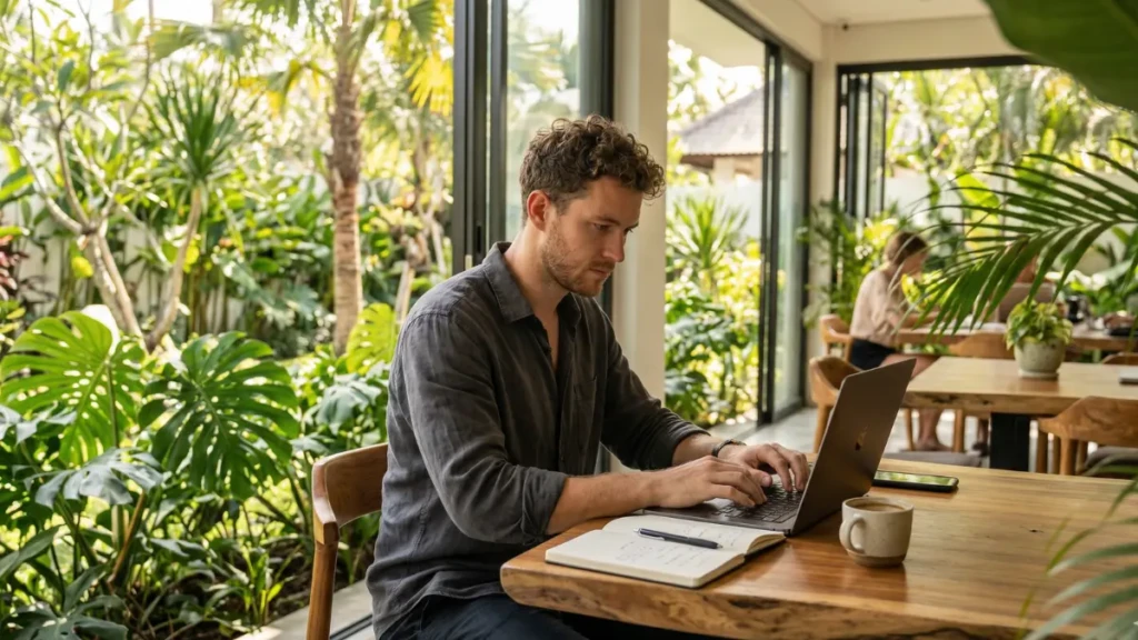 A remote agency owner working in a tropical coworking space, managing their self-employment taxes and S-Corp documentation.