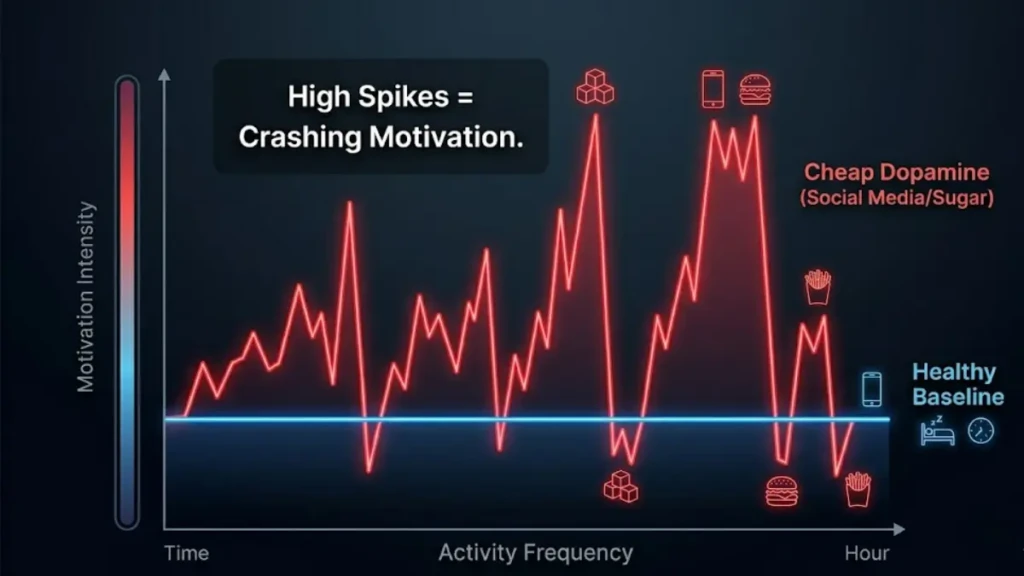 Infographic explaining how cheap dopamine causes receptor down-regulation and destroys motivation.