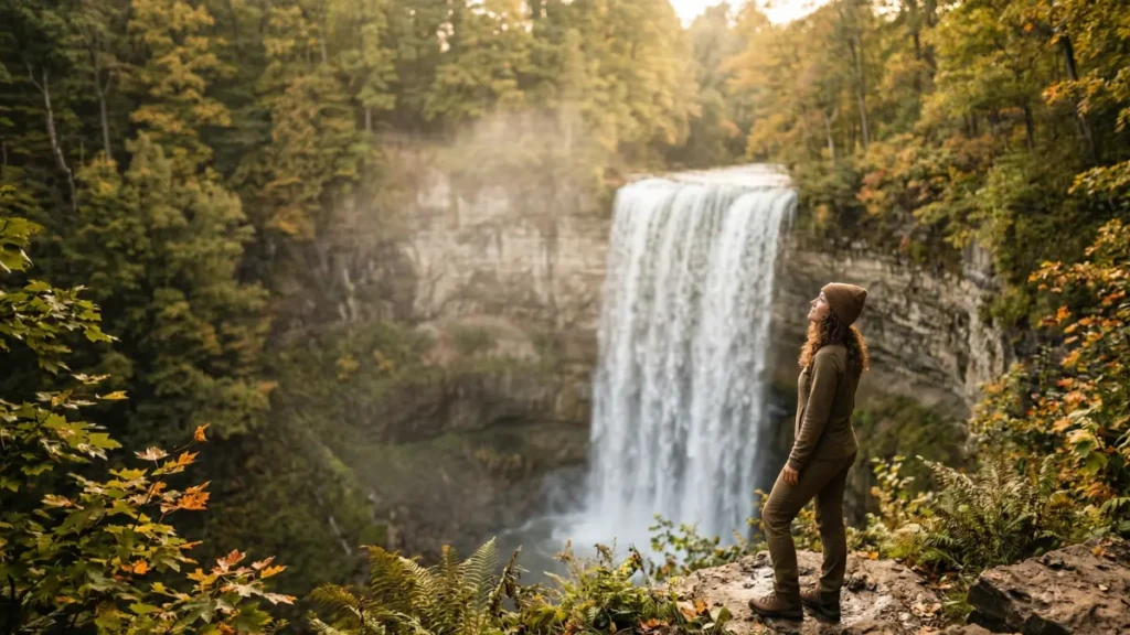 A solitary female hiker standing on a rocky overlook, admiring a powerful Hamilton waterfall in Dundas Valley, Ontario, during early morning golden hour.