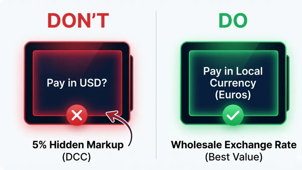 Infographic explaining how to avoid the dynamic currency conversion fee when traveling internationally.