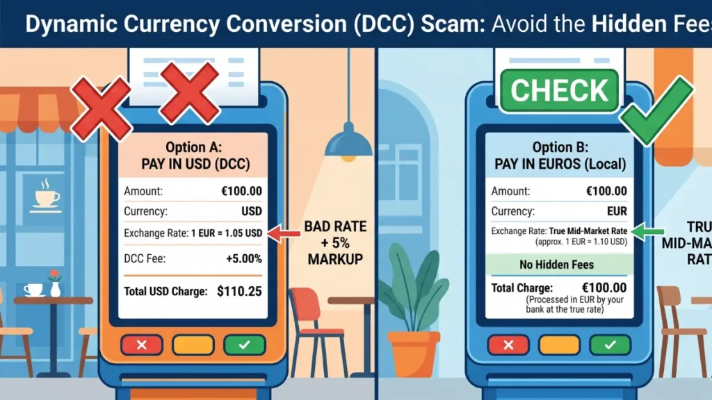 Infographic explaining how to avoid the hidden fees of dynamic currency conversion abroad.