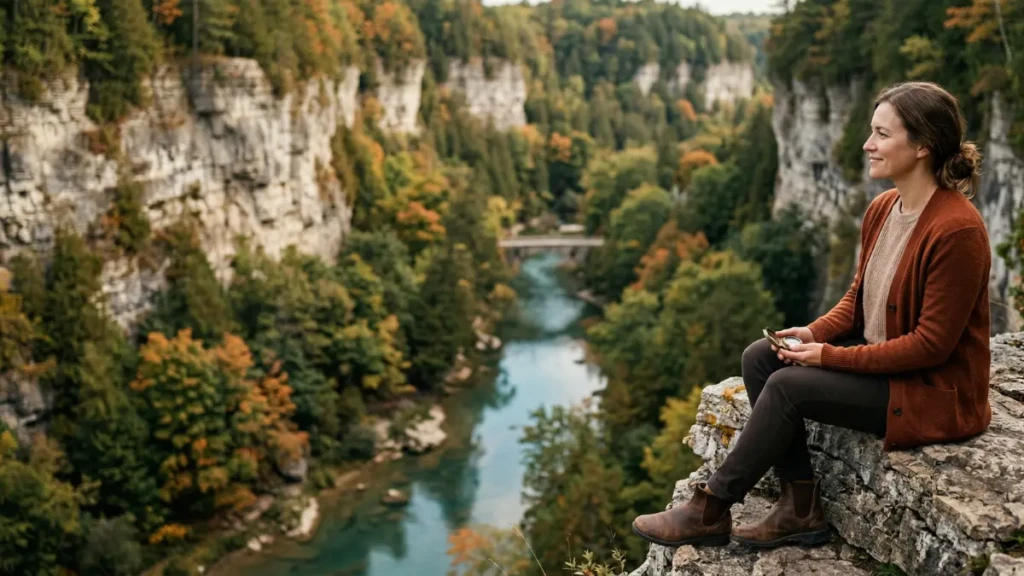 A thoughtful woman in contemplative profile relaxes on a rock ledge, enjoying a peaceful golden-hour view over the ancient limestone cliffs and winding Grand River of the Elora Gorge, Ontario, showcasing an aspirational getaway and nature escape.