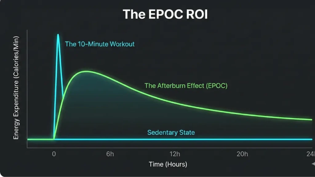  Infographic explaining the EPOC afterburn effect from short, high-intensity micro-workouts.