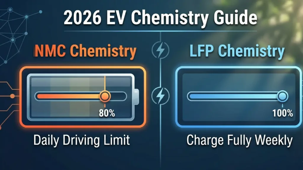  Infographic explaining the charging rules for NMC versus LFP electric vehicle batteries.