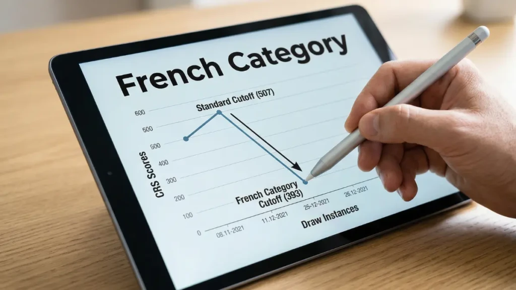A chart demonstrating the massive drop in CRS cutoffs for the 2026 French-language category draws.