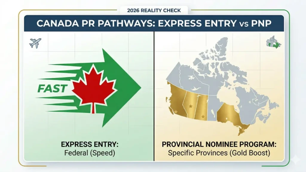 Visual comparison of Express Entry vs PNP vs pilot programs for Canadian permanent residency.