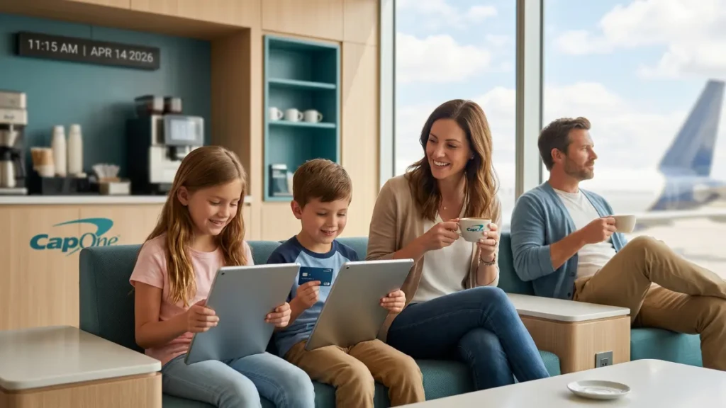 A family enjoying a modern airport lounge using the Venture X credit card.