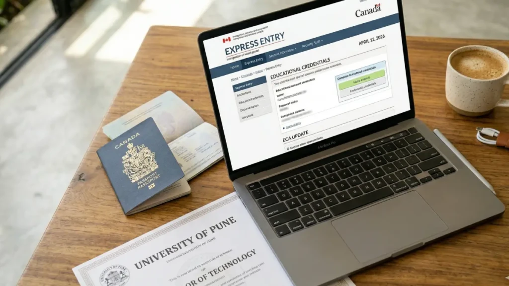 A Canadian passport, laptop, and university diploma representing the fast-tracked Educational Credential Assessment process.