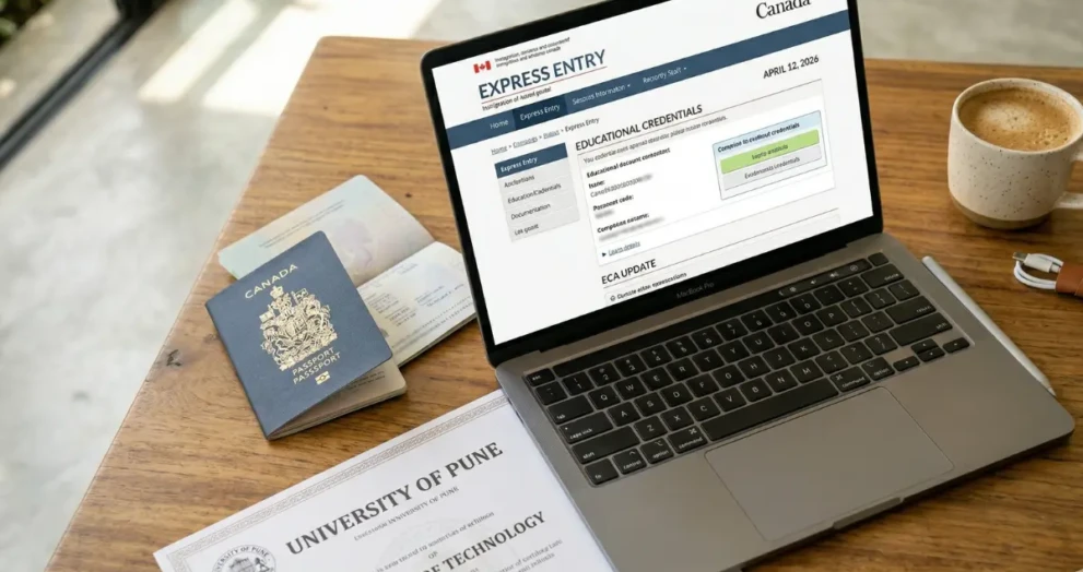 A Canadian passport, laptop, and university diploma representing the fast-tracked Educational Credential Assessment process.