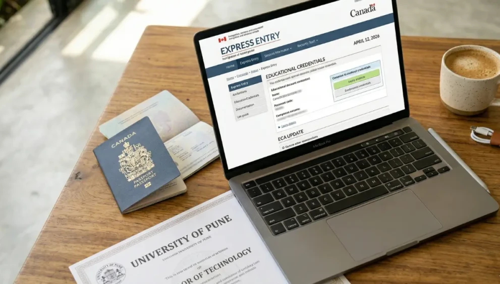 A Canadian passport, laptop, and university diploma representing the fast-tracked Educational Credential Assessment process.