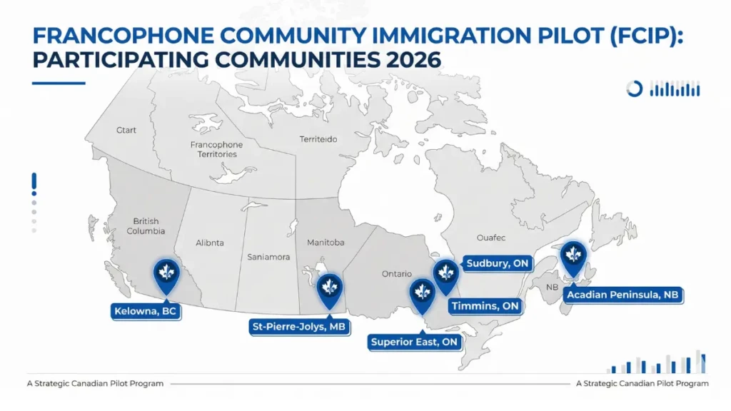 Map showing the 6 participating communities for the Francophone Community Immigration Pilot in Canada.