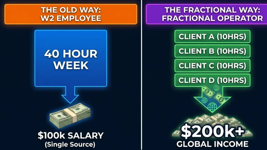 Infographic comparing traditional employment with fractional remote work from home jobs.