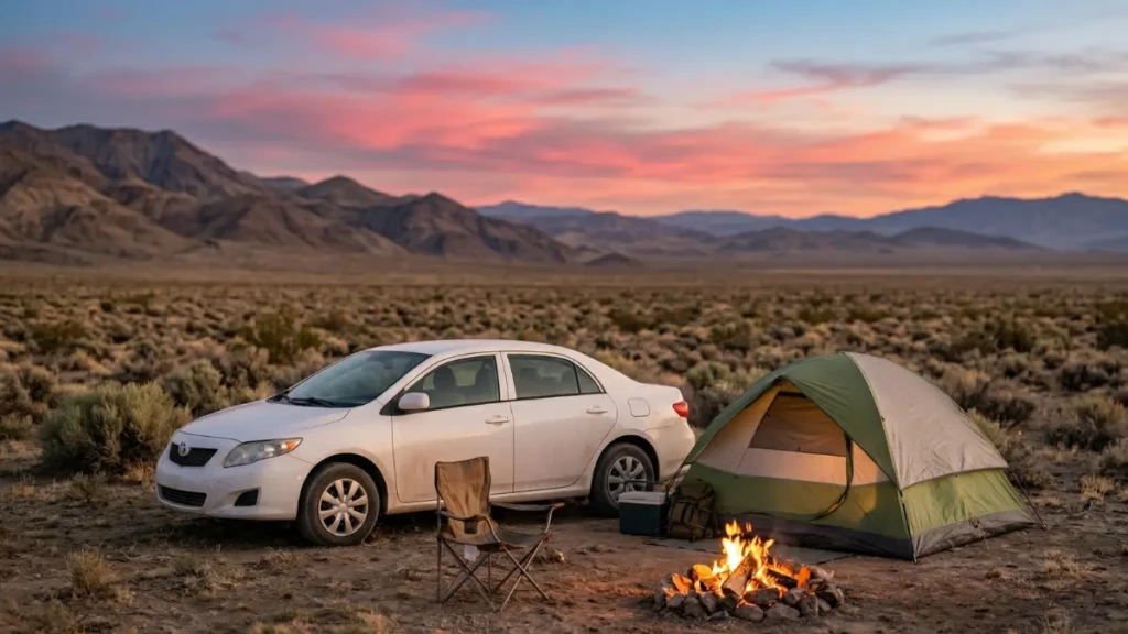 Free dispersed camping setup with a simple dome tent, camp chair, and small campfire next to a car on vast BLM land during a budget US road trip.