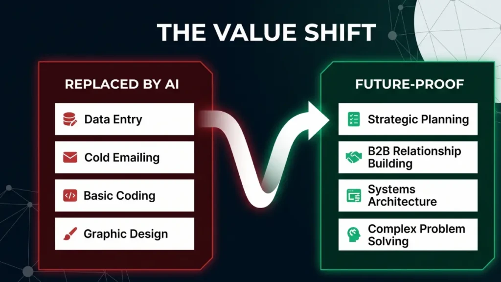  Infographic showing the shift from manual tasks to strategic jobs safe from AI.