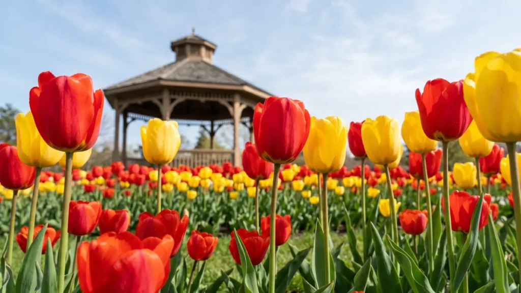 Vibrant spring tulips blooming at Gage Park in downtown Brampton.