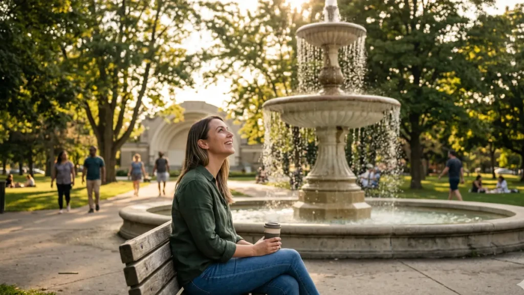A candid lifestyle photograph of a woman relaxing by the large vintage tiered fountain in Gage Park, Hamilton, Canada, during a sunny late afternoon.