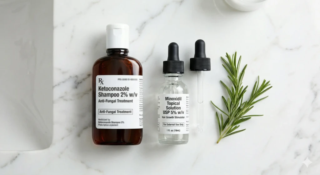 The clinical protocol for treating dandruff and hair loss, featuring anti-fungal shampoo and growth stimulators.