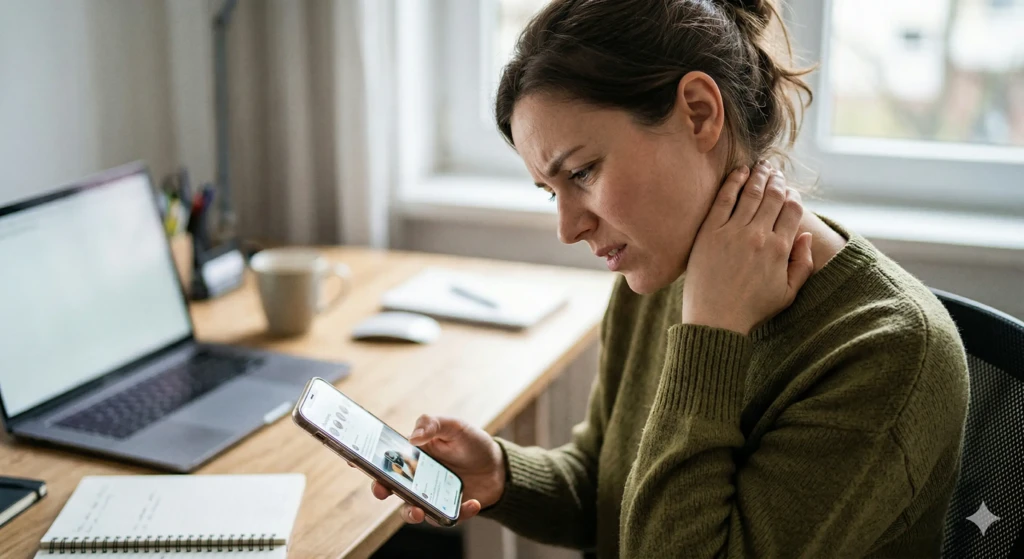Person experiencing a cervicogenic headache at the base of the skull caused by poor posture.