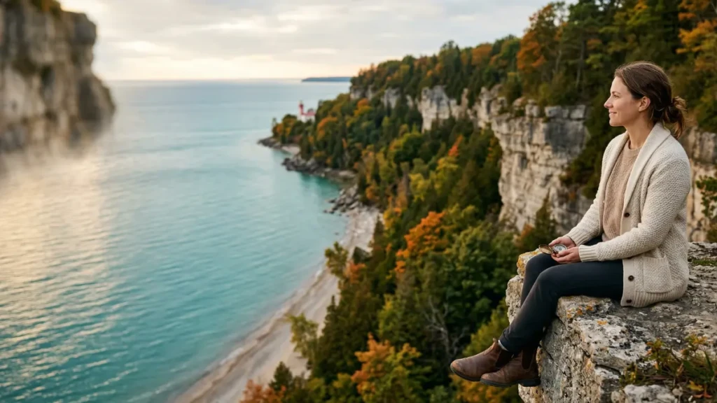 A thoughtful woman sits on a limestone cliff ledge, enjoying a peaceful golden-hour view over Goderich's main beach, turquoise Lake Huron, and the distant red-and-white lighthouse, illustrating a serene Ontario town escape and aspirational nature getaway.