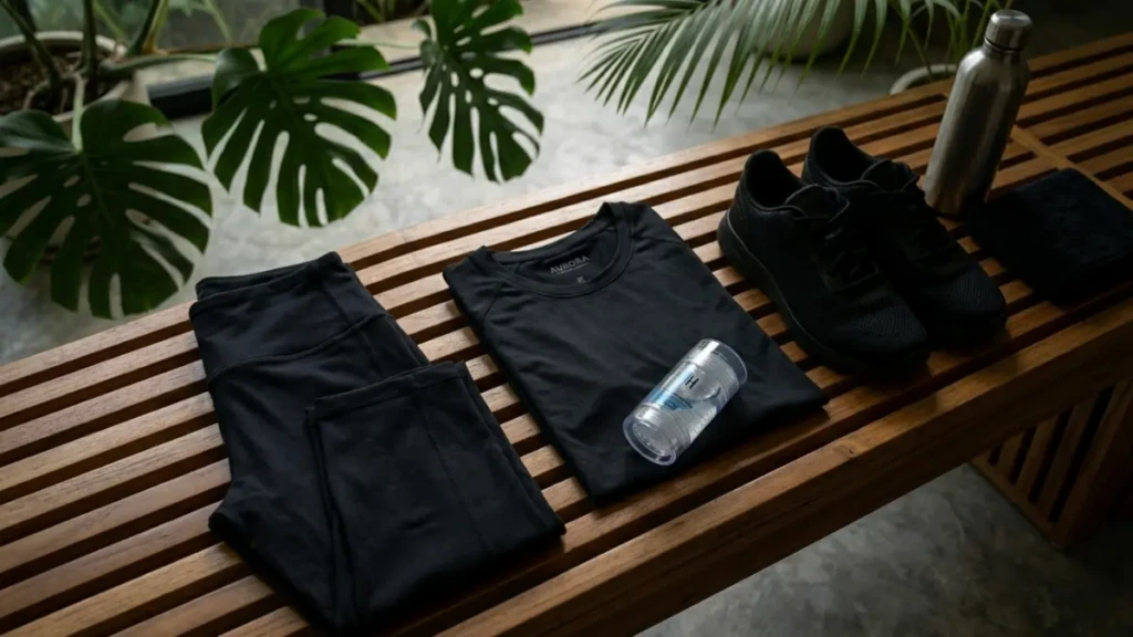 Athletic gear and clear gel antiperspirant designed to prevent white marks on dark workout clothes.