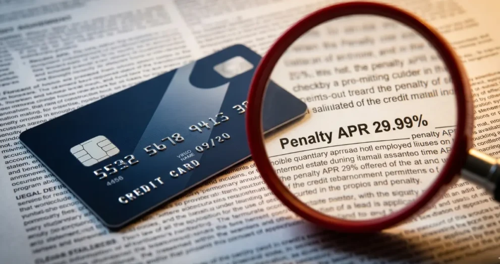 Using a magnifying glass to expose hidden credit card fees buried in the fine print.