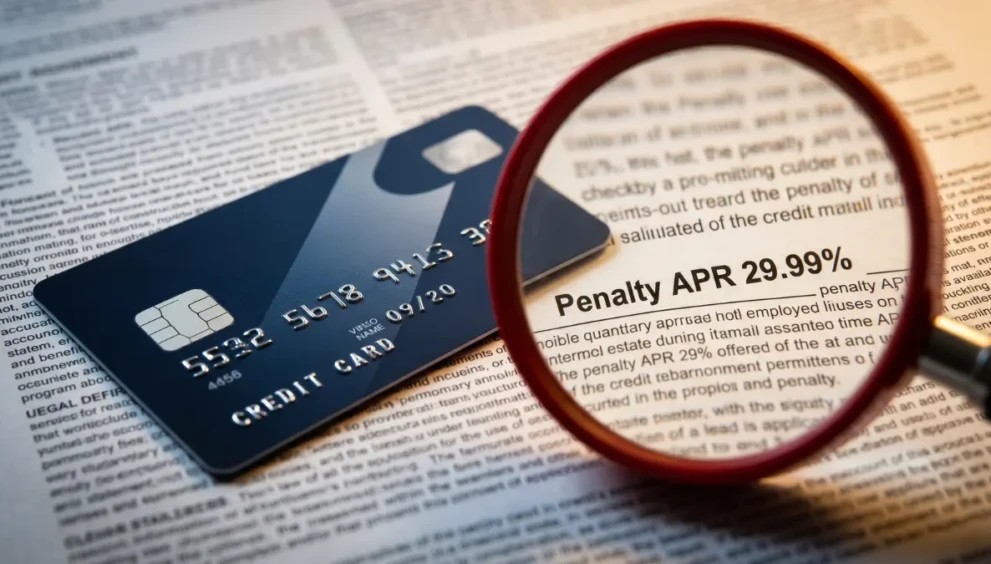 Using a magnifying glass to expose hidden credit card fees buried in the fine print.