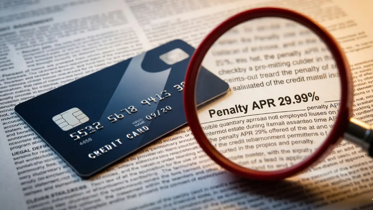 Using a magnifying glass to expose hidden credit card fees buried in the fine print.
