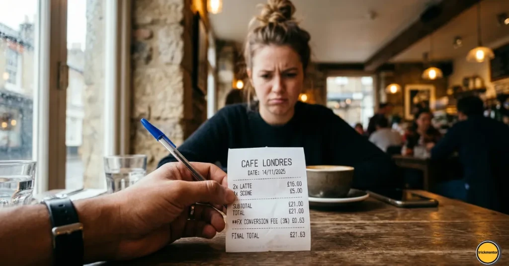 Traveler looking frustrated at a restaurant receipt showing hidden foreign transaction fees.