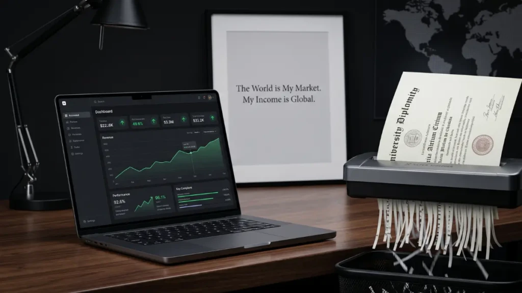 A high-performance workspace symbolizing the acquisition of high income skills without a traditional college degree.