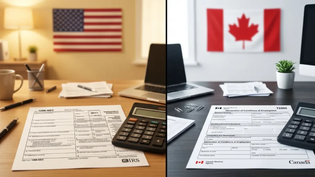 Comparison of home office tax deductions for remote workers in the USA and Canada showing IRS and CRA tax forms.