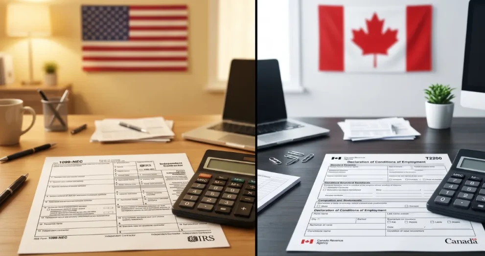 Comparison of home office tax deductions for remote workers in the USA and Canada showing IRS and CRA tax forms.