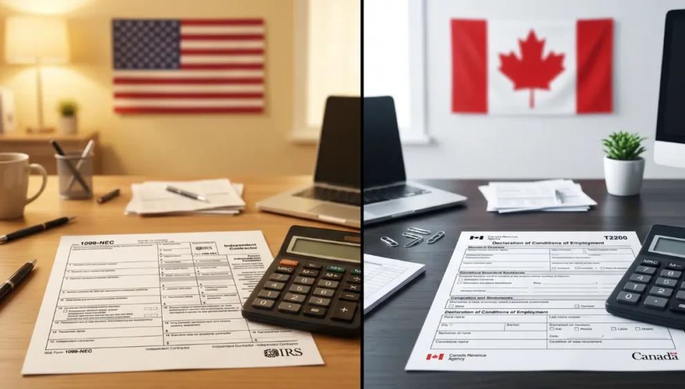 Comparison of home office tax deductions for remote workers in the USA and Canada showing IRS and CRA tax forms.