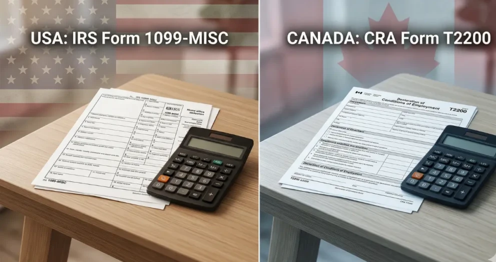 Comparison of home office tax deductions for remote workers in the USA and Canada showing IRS and CRA tax forms.