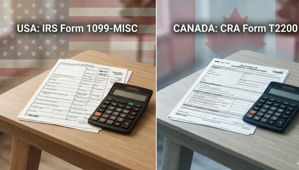 Comparison of home office tax deductions for remote workers in the USA and Canada showing IRS and CRA tax forms.