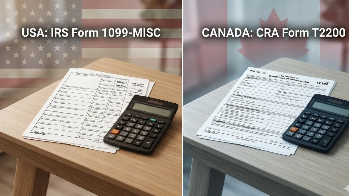 Comparison of home office tax deductions for remote workers in the USA and Canada showing IRS and CRA tax forms.