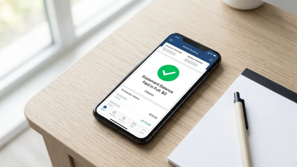 A smartphone app showing a paid-in-full credit card statement to avoid interest charges.