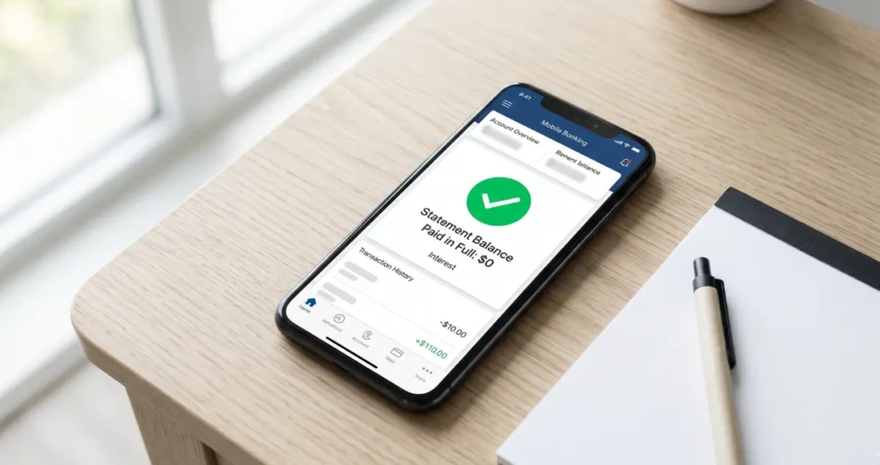 A smartphone app showing a paid-in-full credit card statement to avoid interest charges.
