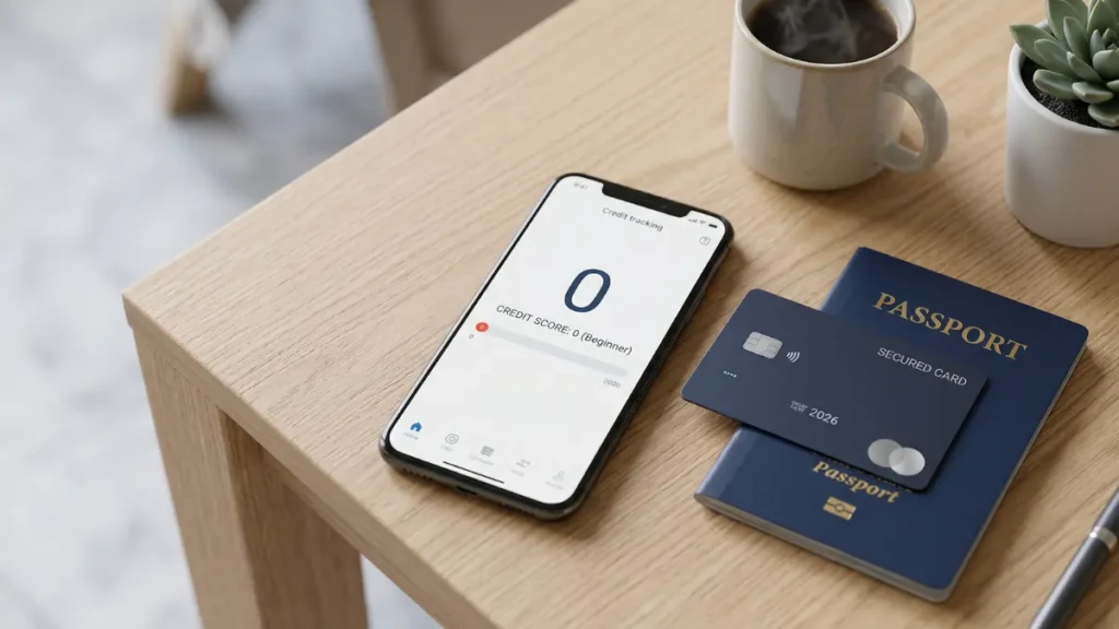 : A top-down shot of a clean, modern desk. A blank smartphone screen showing a credit tracking app with a score of '0' next to a sleek metal secured credit card and a passport, subtly implying the link between credit and travel/life milestones.
