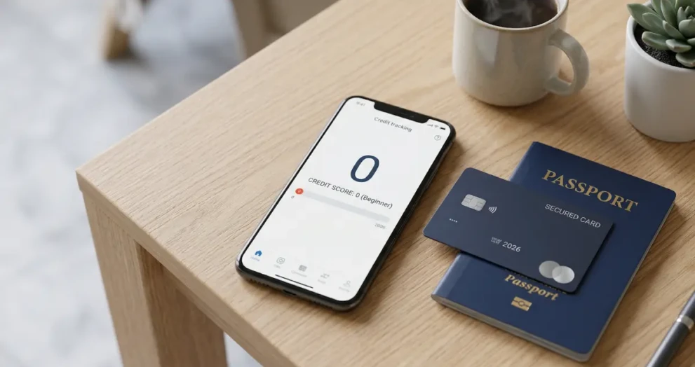 : A top-down shot of a clean, modern desk. A blank smartphone screen showing a credit tracking app with a score of '0' next to a sleek metal secured credit card and a passport, subtly implying the link between credit and travel/life milestones.