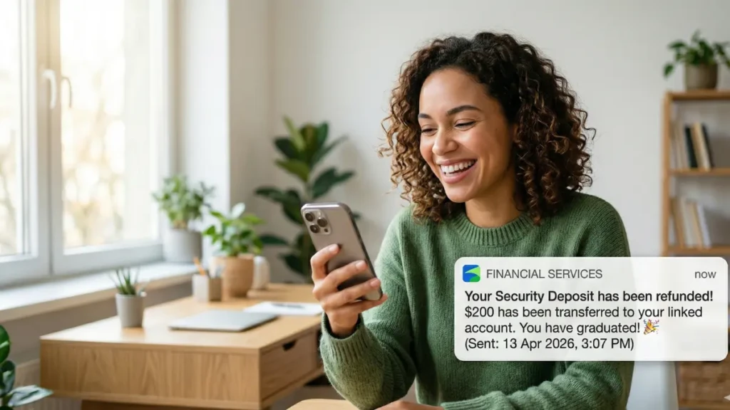 A user celebrating the graduation of their secured card to an unsecured rewards card.