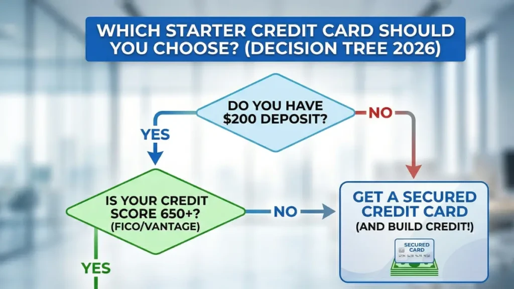 A decision-making flowchart for choosing between starter credit cards in 2026.
