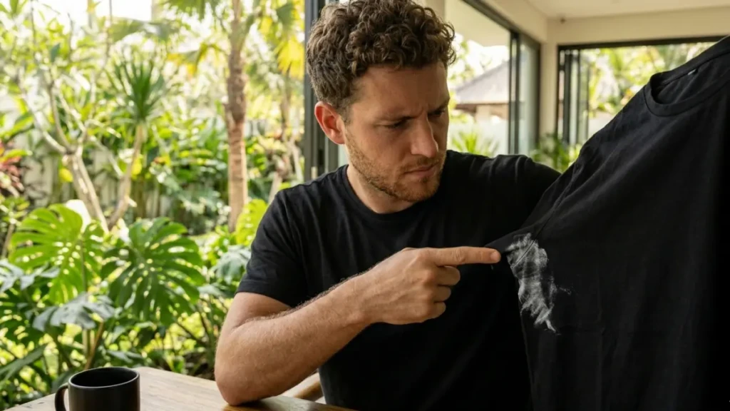 A frustrated person looking at a white deodorant stain on a black shirt, demonstrating the need for quick stain removal.