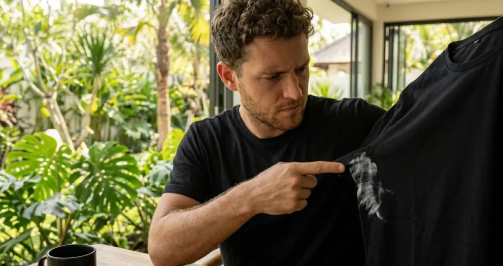 A frustrated person looking at a white deodorant stain on a black shirt, demonstrating the need for quick stain removal.