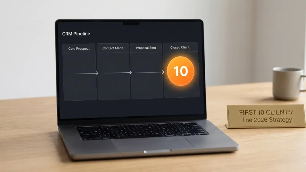 A digital CRM pipeline showing a successful first clients strategy in 2026.
